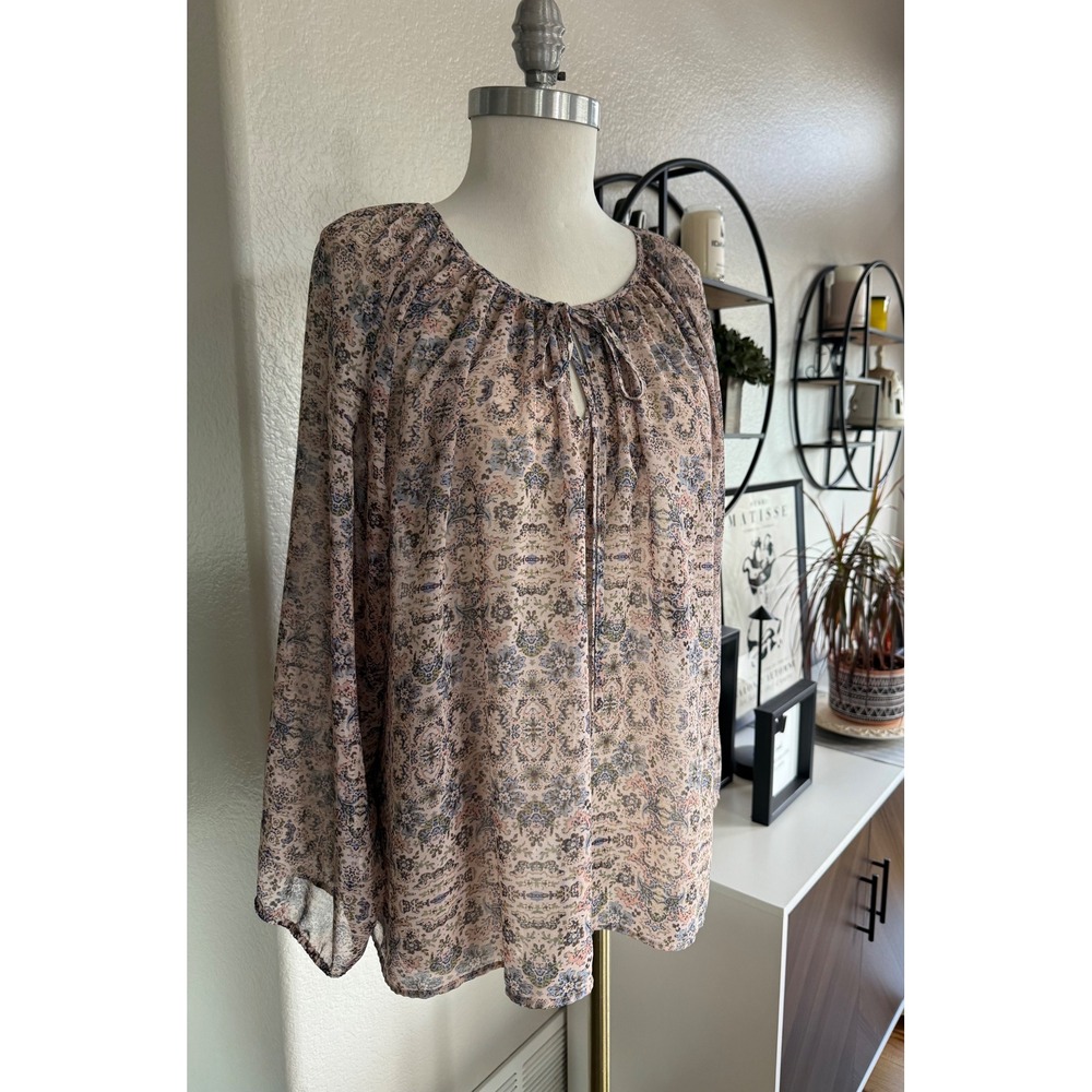 Cabi Women's S Sheer Floral Blouse Tie Neck Cottage Core Peasant Romantic Boho - Picture 2 of 10